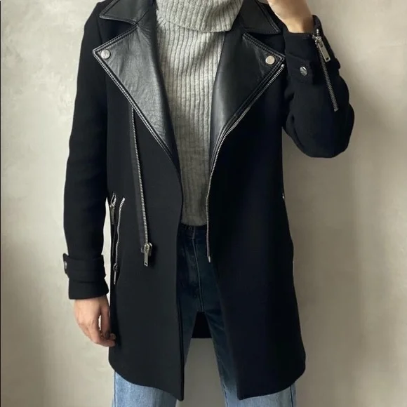 Zara Wool Blend Moto Lamb Leather Collar Coat
